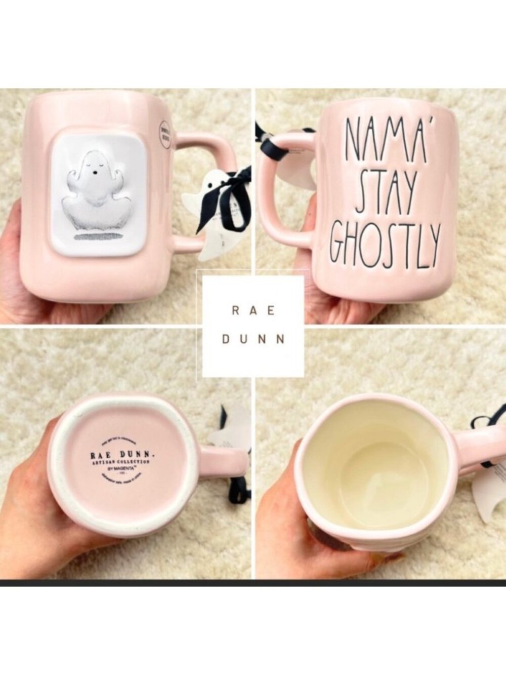 Rae Dunn Artisan Collection Pink "NamaStay Ghostly" Mug Double-Sided Ghost Desig